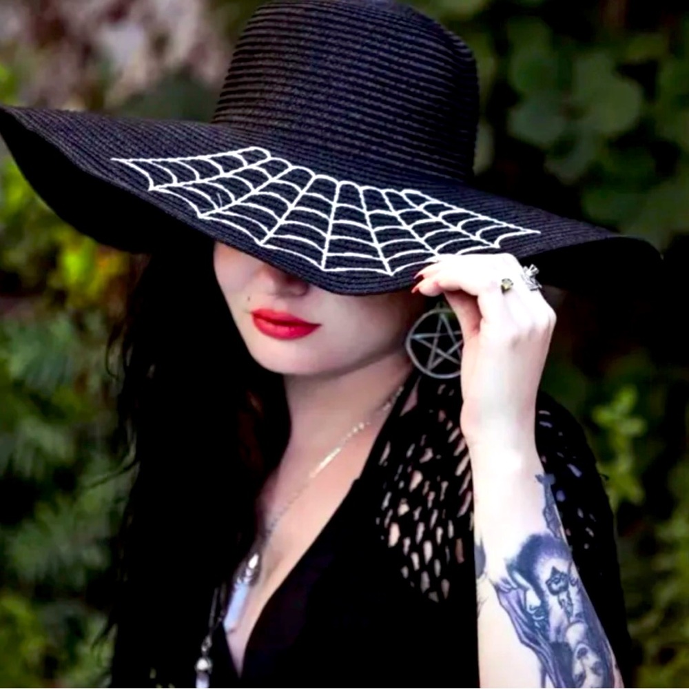Witchwood gothic Sun hat with spiderweb detail